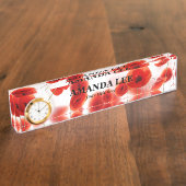 白いパーソナライズのオレンジ赤のケシの花 デスクネームプレート (側面)