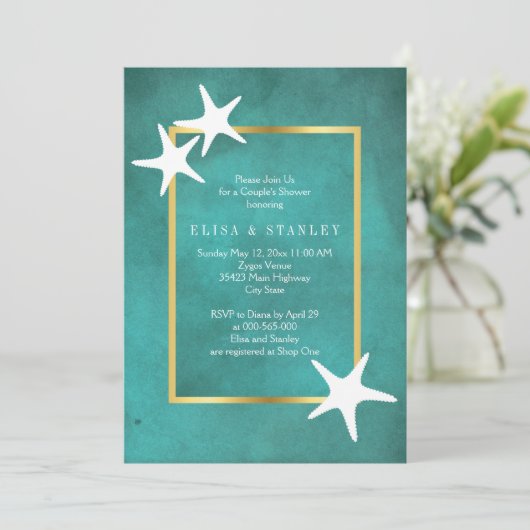 白いヒトデがティール（緑がかった色）のカップル結婚のシャワーを浴びる 招待状 (スタンド正面)