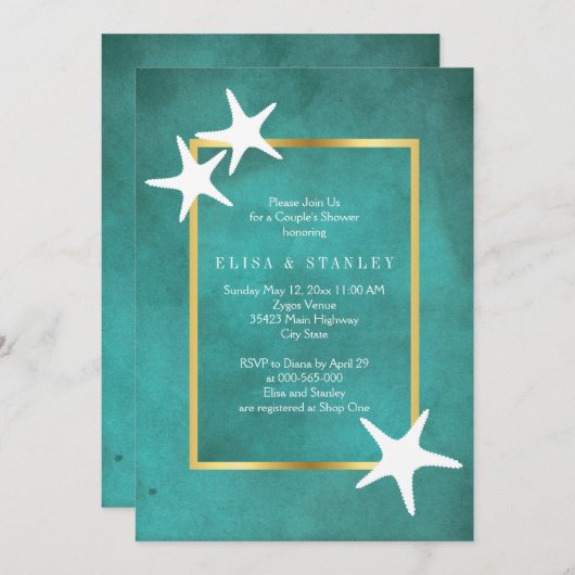 白いヒトデがティール（緑がかった色）のカップル結婚のシャワーを浴びる 招待状 (正面/裏面)
