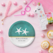 白いヒトデのティール（緑がかった色）染色ビーチ結婚式 ペーパープレート (パーティー)