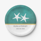 白いヒトデのティール（緑がかった色）染色ビーチ結婚式 ペーパープレート (正面)