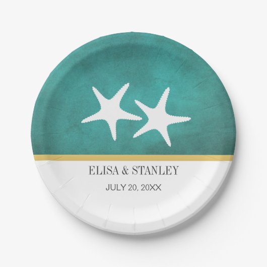 白いヒトデのティール（緑がかった色）染色ビーチ結婚式 ペーパープレート (正面)