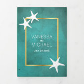 白いヒトデのティール(緑がかった色)染色紙ビーチ結婚式 三つ折り招待状 (カバー)