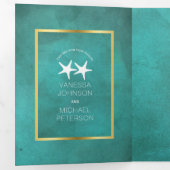 白いヒトデのティール(緑がかった色)染色紙ビーチ結婚式 三つ折り招待状 (内部最初)