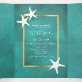 白いヒトデのティール(緑がかった色)染色紙ビーチ結婚式 三つ折り招待状 (内部中)