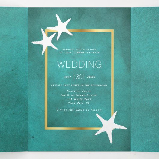 白いヒトデのティール（緑がかった色）染色紙ビーチ結婚式 三つ折り招待状 (内部中)