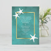 白いヒトデのティール（緑がかった色）染色紙ビーチ結婚式 招待状 (スタンド正面)
