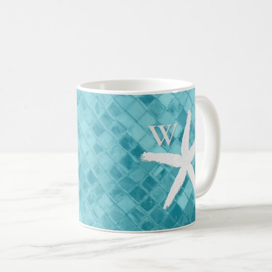 白いヒトデの水の海ガラスのモノグラム コーヒーマグカップ (正面右)