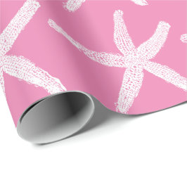 白いヒトデ模様ライトピンクのビーチクリスマス ラッピングペーパー