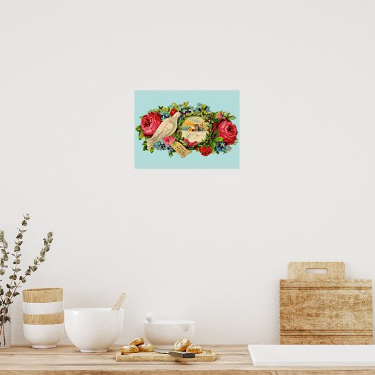 白いビクトリアン鳩と愛のメッセージ ポスター (キッチン)