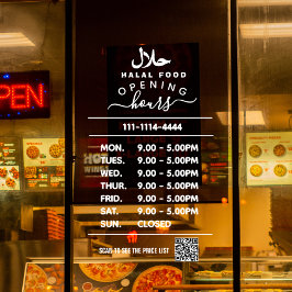 白いビジネス営業時間ロゴとQRコードハラ ウィンドウサイン