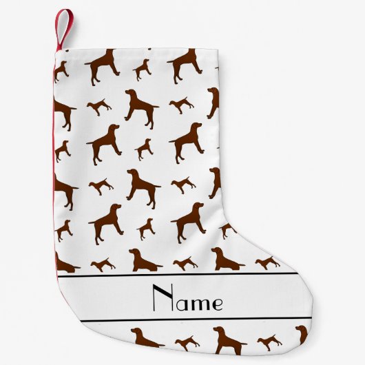 白いビズパーソナライズされたラの犬の名前を挙げる スモールクリスマスストッキング (正面)