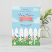 白いピケットフェンスガーデンベビーシャワー 招待状 (スタンド正面)