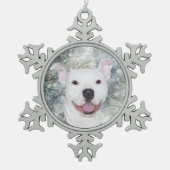 白いピットブルのクリスマス スノーフレークピューターオーナメント (正面)