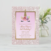 白いピンクのグリッターゴールドユニコーンバースデーパーティー 招待状 (スタンド正面)