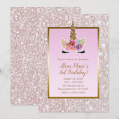白いピンクのグリッターゴールドユニコーンバースデーパーティー 招待状 (正面/裏面)