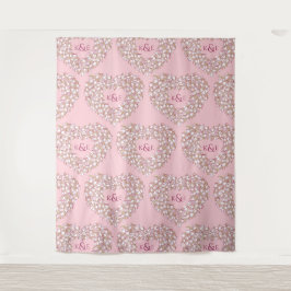 白いピンクのチューリップのモノグラム ウェディングバックドロップ タペストリー