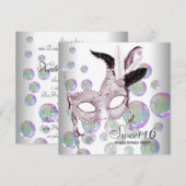 白いピンクのバブルス スイート16 マスカレードパーティー 招待状 (正面/裏面)