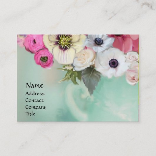 白いピンクのバラとアネモネの花 名刺 (正面)