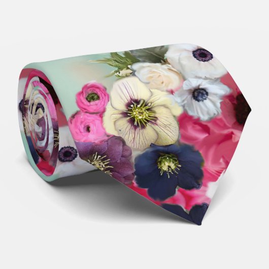 白いピンクのバラ、アネモネの花、アクアブルーの花束 ネクタイ (ロール)