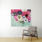 白いピンクのバラ、アネモネの花、ターコイズブルー タペストリー (インサイチュ(横))