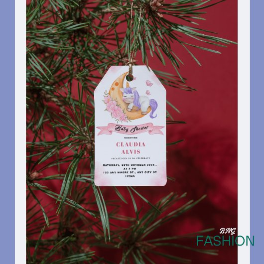 白いピンクのユニコーンが眠るMベイビーシャワー ギフトタグ