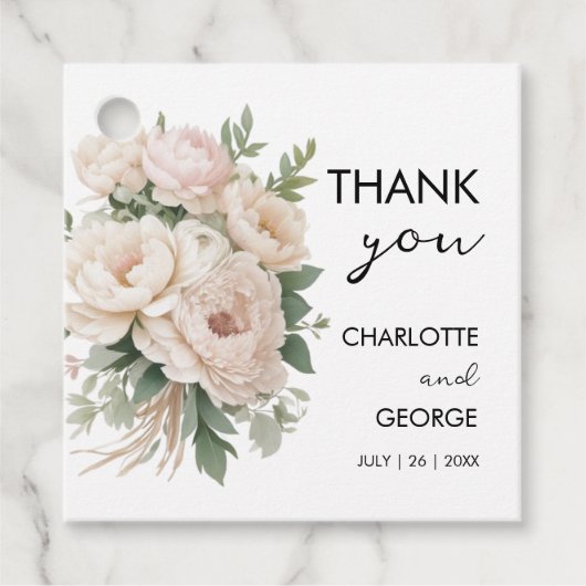 白いピンクの牡丹フローラ素朴な結婚式の引き出物 フェイバータグ (正面)