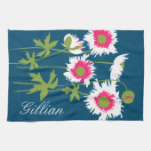 白いピンクの緑の青い花のグラフィックのケシ キッチンタオル (横)