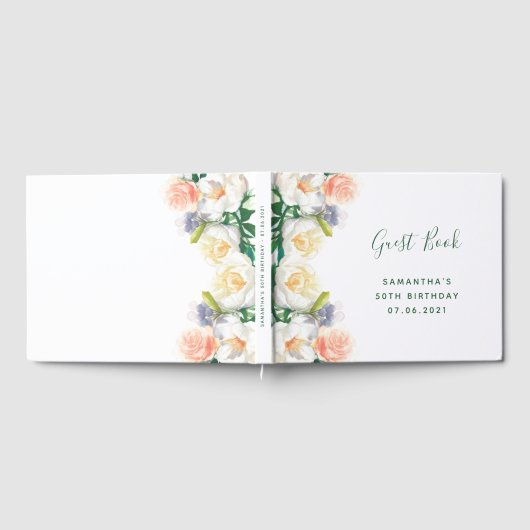 白いピンクの花のエレガント誕生日 ゲストブック (全面)