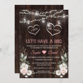 白いピンクの花のストリングライト バーン 私も BBQ 招待状 (正面/裏面)