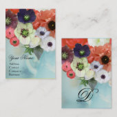 白いピンクの赤いバラとアネモネの花のモノグラム 名刺 (正面/裏面)