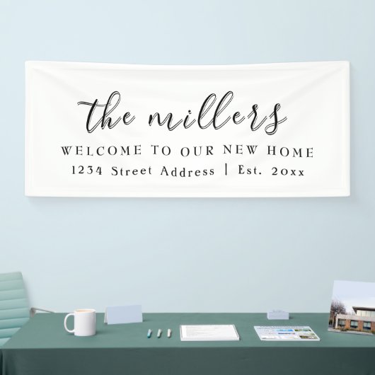 白いファミリ名へようこそ |引っ越し祝いパーティーパーティー 横断幕 (トレードショー)