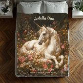 白いファンタジーの森のユニコーン花に寝る フリースブランケット