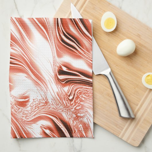 白いファンド上の赤い長い波状のトレースに光沢のあるサーモン キッチンタオル (四つ折り)