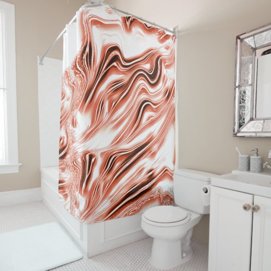 白いファンド上の赤い長い波状のトレースに光沢のあるサーモン シャワーカーテン (インサイチュ)