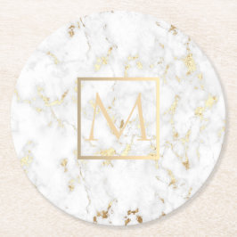 白いフェイク大理石の上に金ゴールドモノグラム ラウンドペーパーコースター