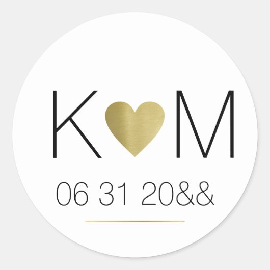 白いフェイク金ゴールドとカップルイニシャルのハート ラウンドシール (正面)