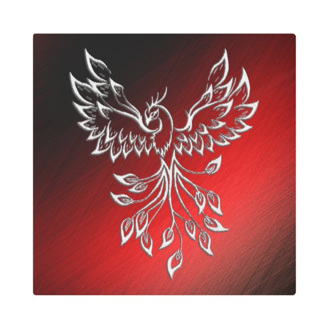 白いフェニックスが黒い灰の上に赤く輝く メタルプリント (正面)