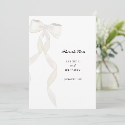 白いフォーマルリボンエレガントな結婚式 サンキューカード (スタンド正面)