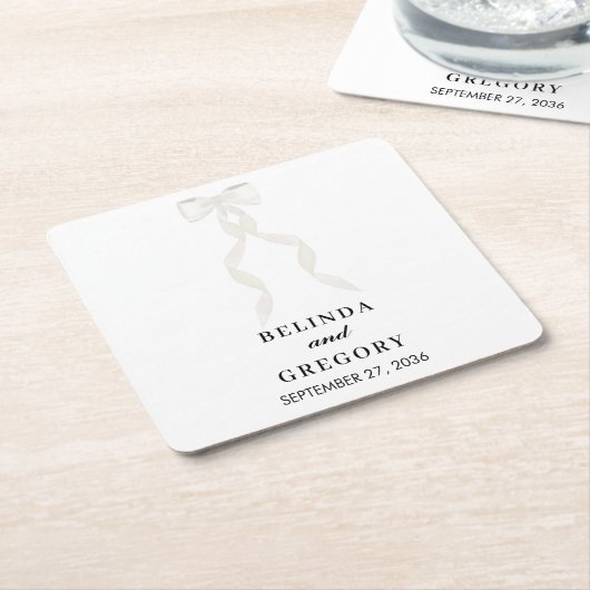 白いフォーマルリボンエレガントな結婚式 スクエアペーパーコースター (アングル)