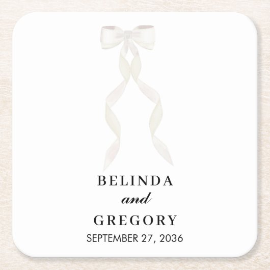 白いフォーマルリボンエレガントな結婚式 スクエアペーパーコースター (正面)