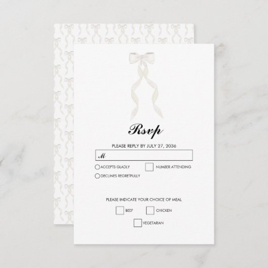 白いフォーマルリボンエレガントな結婚式 出欠カード (正面/裏面)