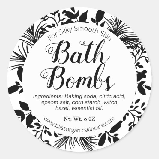 白いフラワーバス爆弾に黒い枝 ラウンドシール (正面)