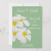 白いフランギパニの花、セージ上の日救付 招待状 (正面)