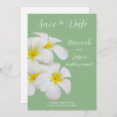 白いフランギパニの花、セージ上の日救付 招待状 (正面/裏面)