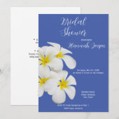白いフランギパニの花、青、ブライダルシャワー 招待状 (正面/裏面)
