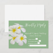 白いフランギパニ花、セージ上、結婚式RSVP サンキューカード (正面/裏面)