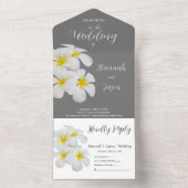 白いフランジパニの花、ミディアムグレー結婚の上 オールインワン招待状 (内側)