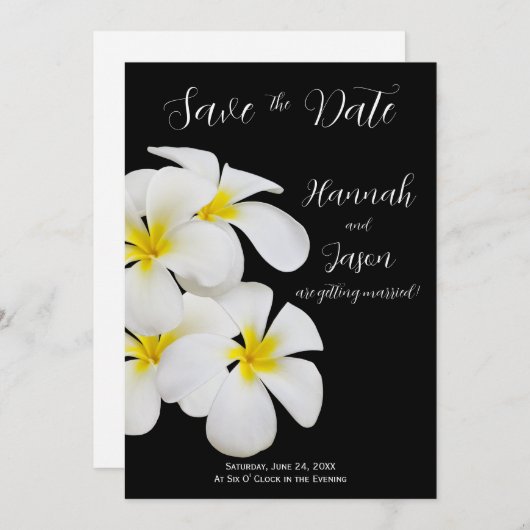 白いフランジパニの花、熱帯、日付を保存 招待状 (正面/裏面)