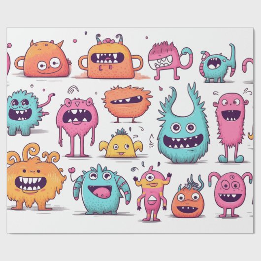 白いフレンドリーカラフルモンスターが多い ラッピングペーパー (フラット)